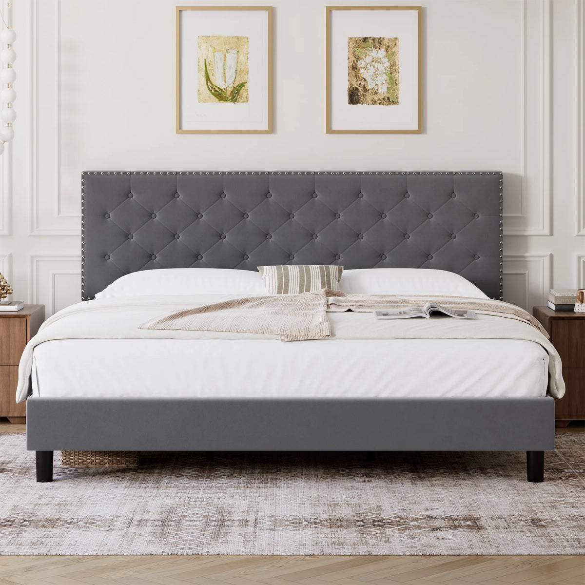 King Size Upholstered Platform Bed with Adjustable Headboard K354019