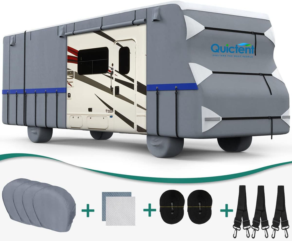 RV Cover, Extra-Thick 6-ply, Fits 29-32Ft Motorhome, Breathable Waterproof Rip-Stop Anti-UV with 2 Windproof Straps, 4 Tire Covers P654