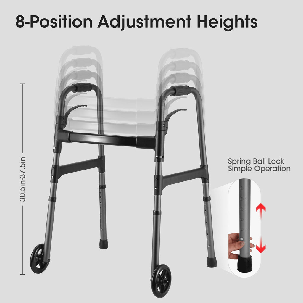 Folding Walker with Wheels, Adjustable Height, 300lbs Weight Capacity, Gunmetal Grey I8362