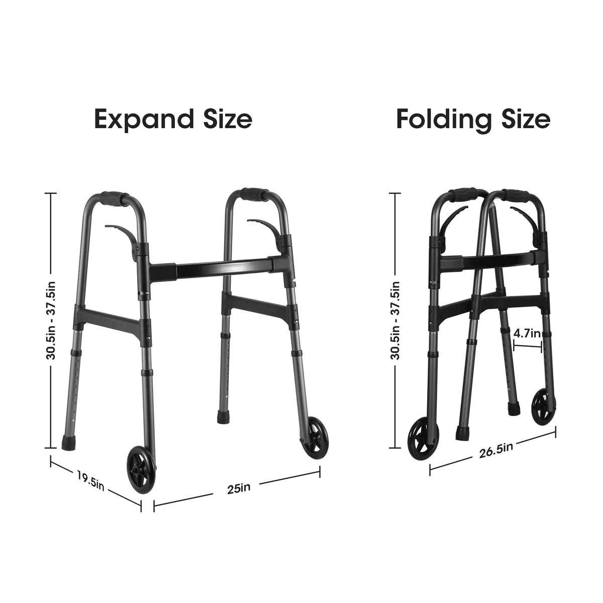 Folding Walker with Wheels, Adjustable Height, 300lbs Weight Capacity, Gunmetal Grey I8362