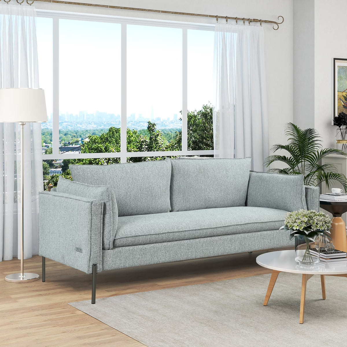 3 Seat Linen Fabric Upholstered Sofa with 2 USB Ports Gray C33351