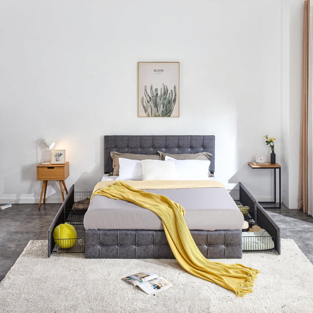 Queen Size Grey Upholstered Platform Bed Frame with 4 Storage Drawers I6572