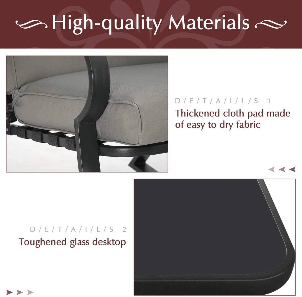 3-Piece Black Metal Rocking Chairs and Table with Brown Cushions U350