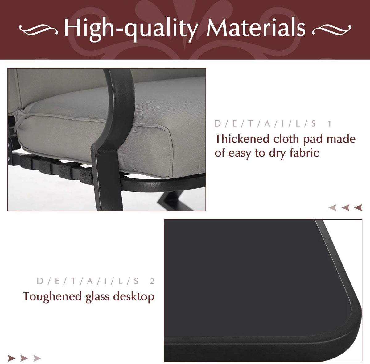 3-Piece Black Metal Rocking Chairs and Table with Brown Cushions U350