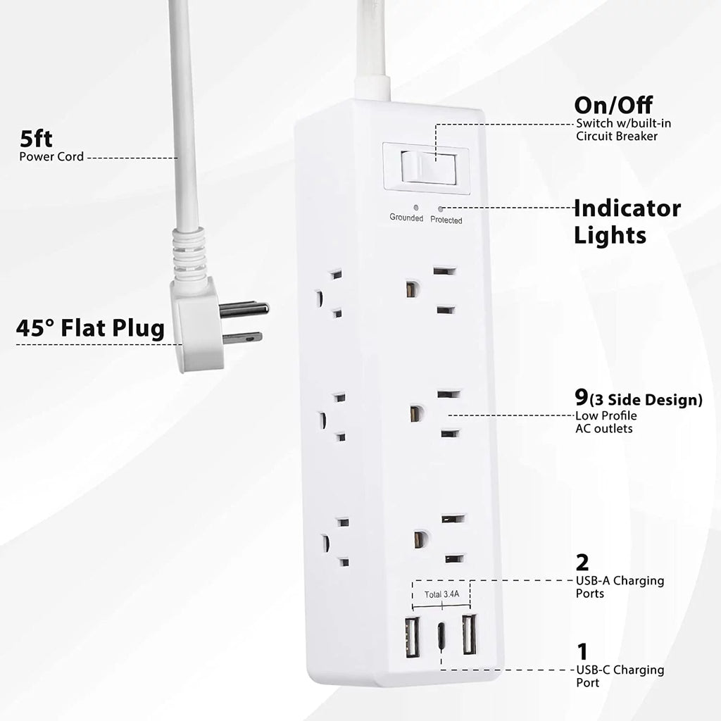 Surge Protector Power Strip with 9 Outlets 2 USB-A 1 USB-C 5 Ft Extension Cord F15987