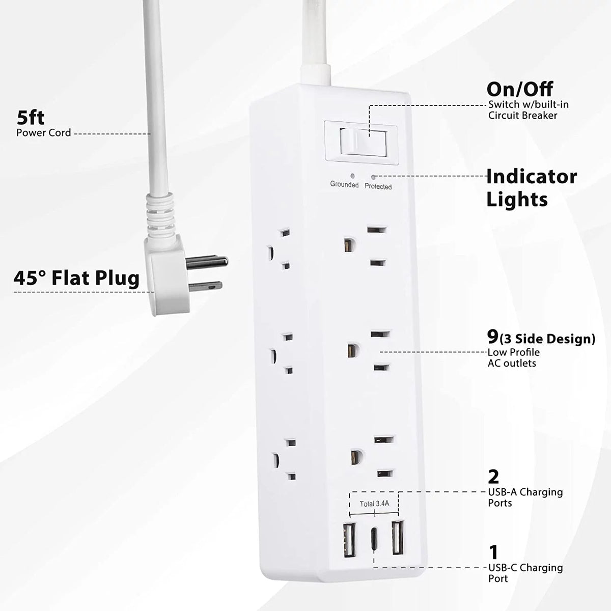Surge Protector Power Strip with 9 Outlets 2 USB-A 1 USB-C 5 Ft Extension Cord F15987