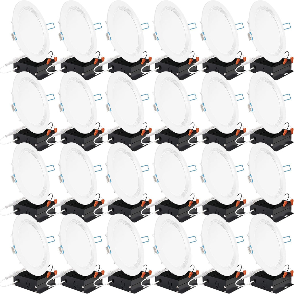 24 Pack 4 Inch Ultra Thin LED Recessed Ceiling Lights, 3000K Warm White, Dimmable 10W=60W, 650 LM, Baffle Trim Damp Rated, Canless Wafer Thin with Junction Box N977377