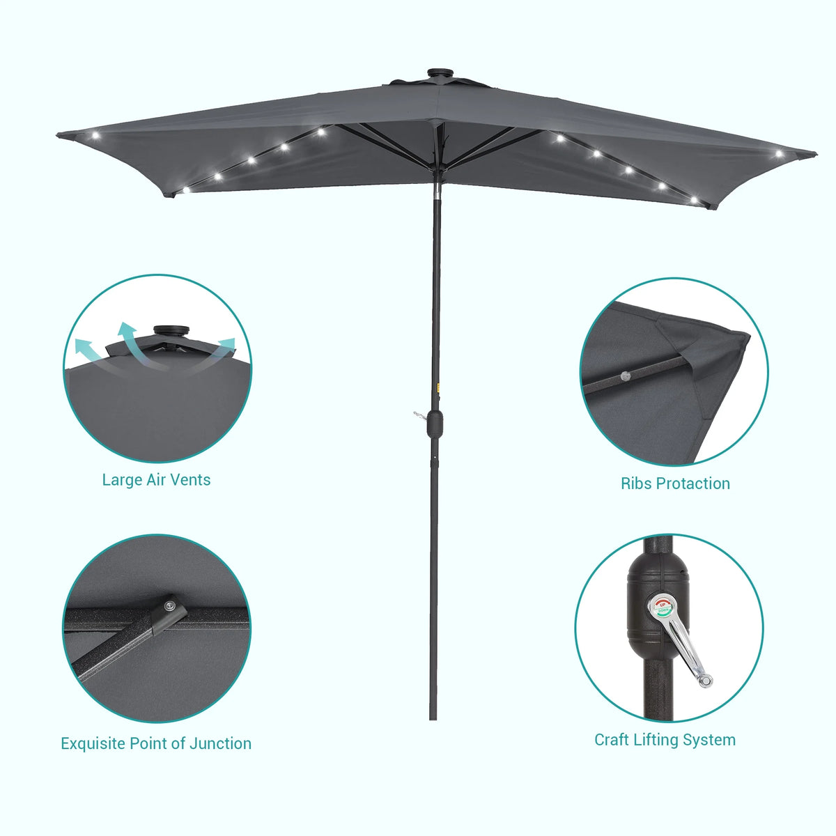 10 x 6.5ft LED Solar Patio Umbrella with Non-Fading Canopy M97752