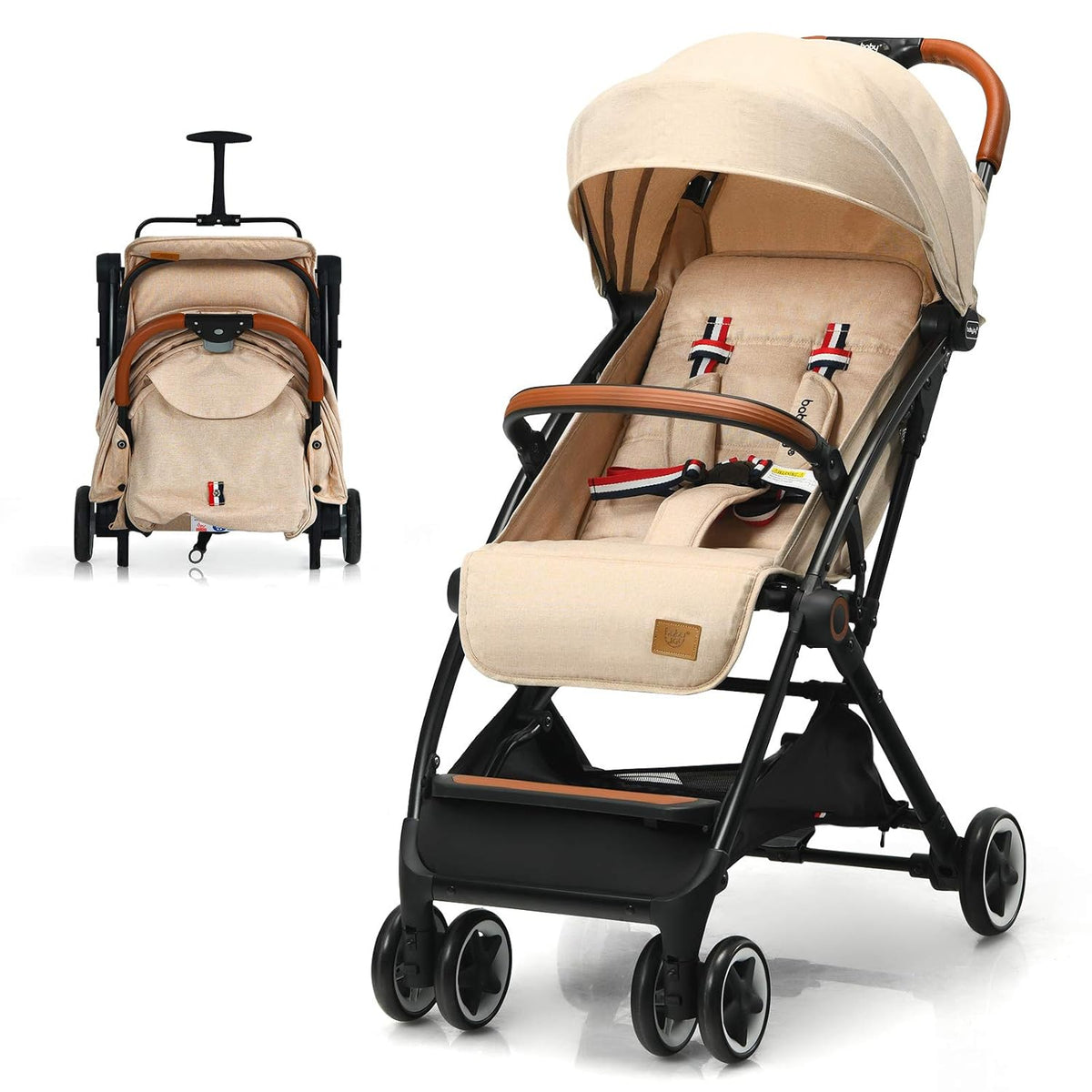 Beige Lightweight Baby Stroller with 5-Point Harness P851925