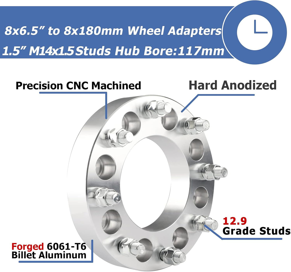 2pcs 8x6.5 to 8x180 Wheel Adapters, 1.5 Inch, Chrome H21011