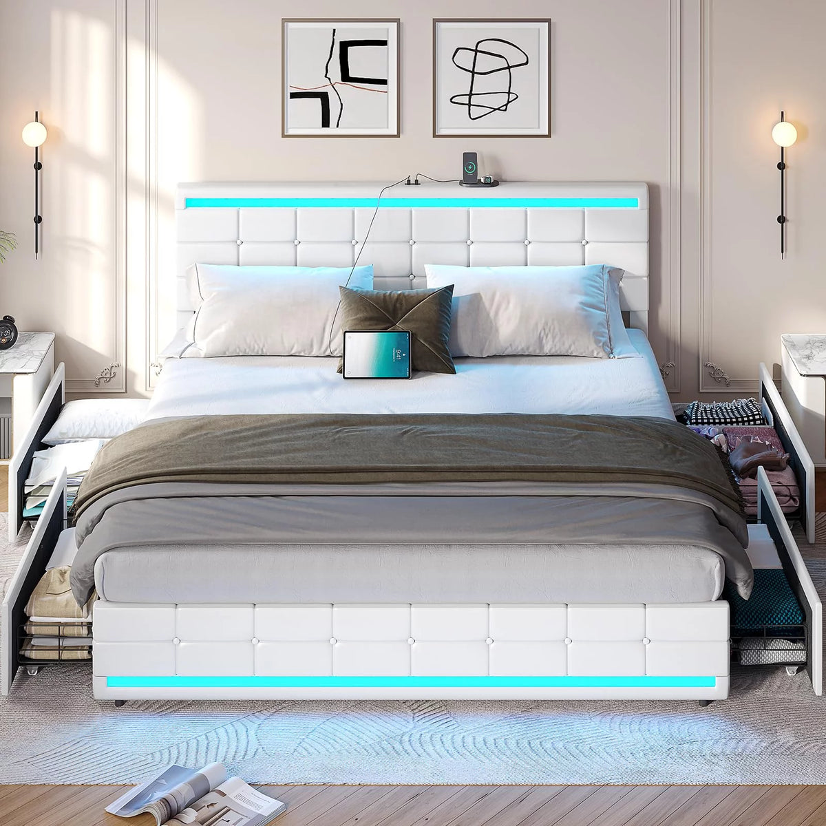 King Bed Frame with Storage Drawers, LED Lights, USB Port, White U83988