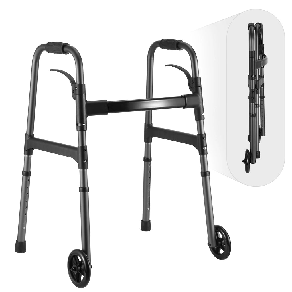 Folding Walker with Wheels, Adjustable Height, 300lbs Weight Capacity, Gunmetal Grey I8362