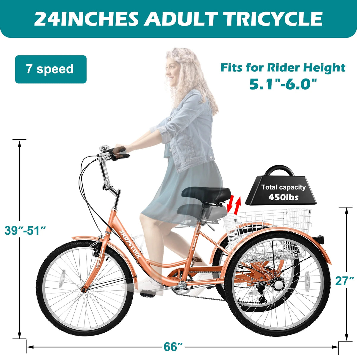 24" 7-Speed 3 Wheel Adult Tricycle with Baskets, Orange G953644