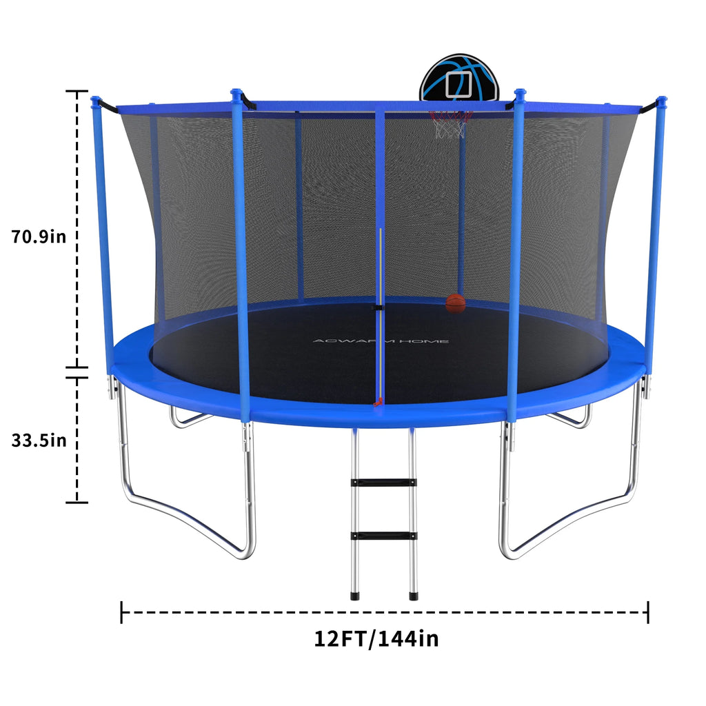 Blue 12FT Outdoor Trampoline with Safety Enclosure and Basketball Hoop W541