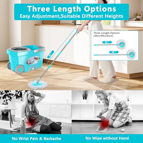 Spin Mop and Bucket with Wringer Set, 4 Microfiber Replacement Head Refills, 61" Extended Handle, Blue C1839