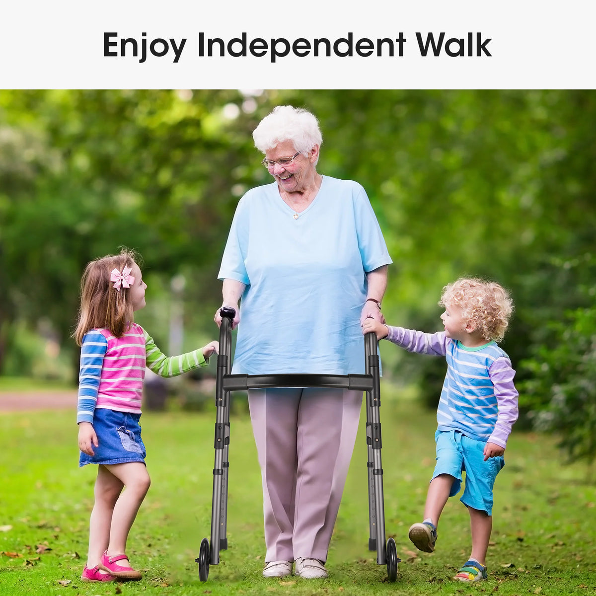 Folding Walker with Wheels, Adjustable Height, 300lbs Weight Capacity, Gunmetal Grey I8362