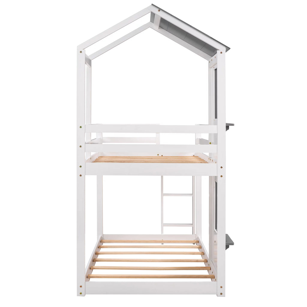Wood Twin Over Twin Bunk Bed with Roof and Ladder T380311