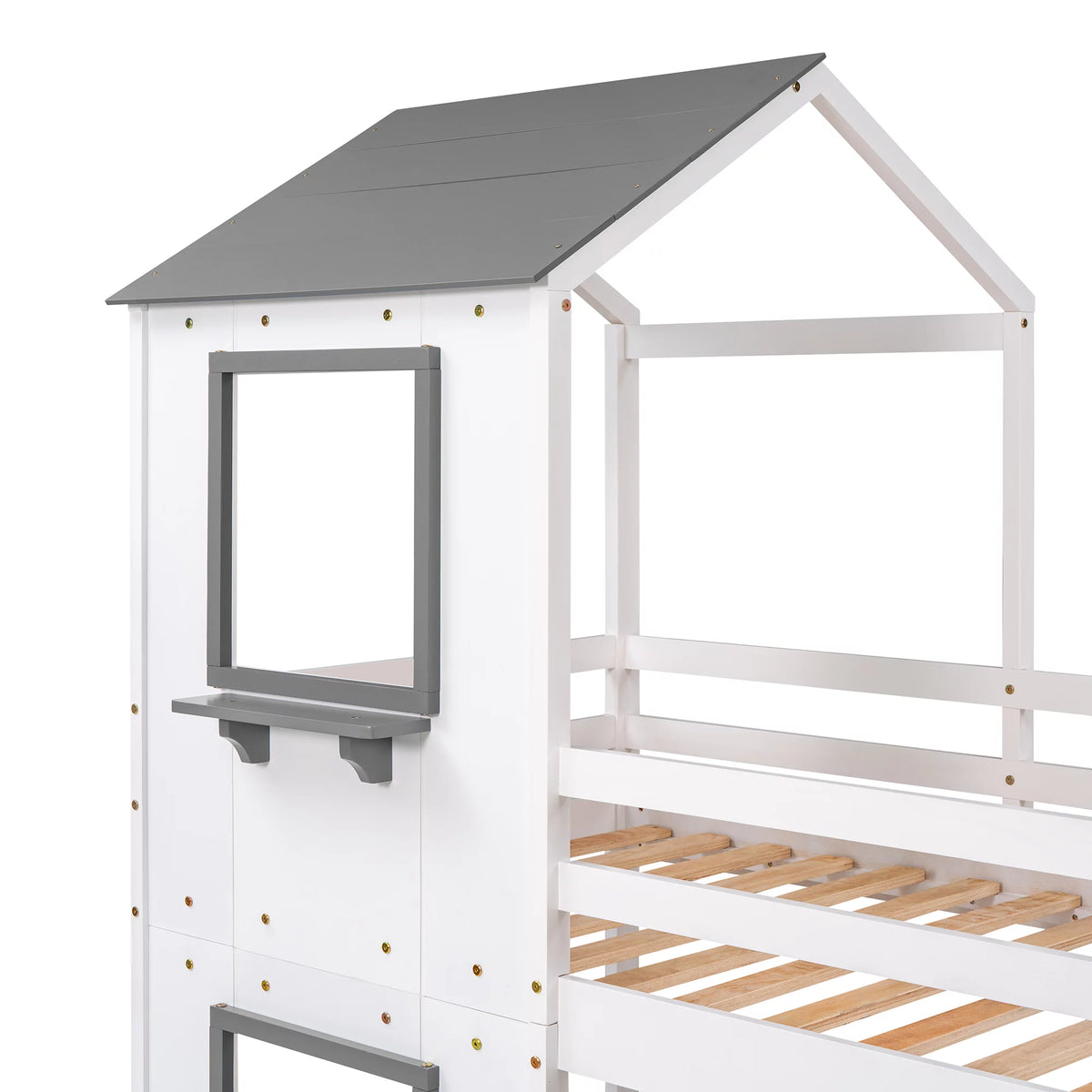 Wood Twin Over Twin Bunk Bed with Roof and Ladder T380311