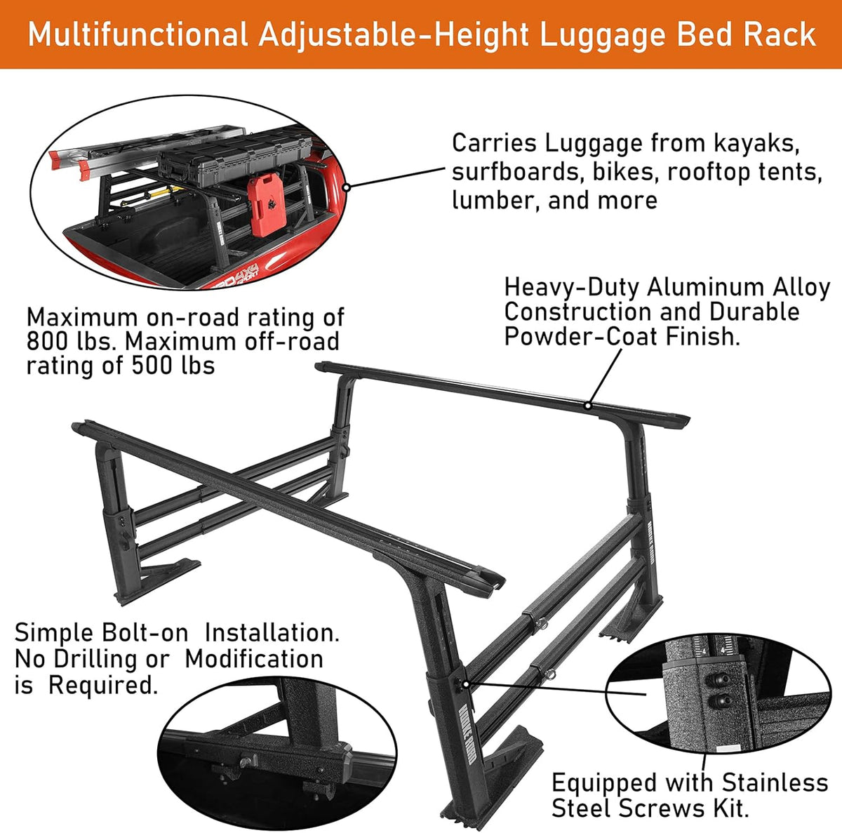 Overland Truck Bed Cargo Rack Extendable Aluminum Truck Ladder Rack Adjustable Height Heavy Duty M774398