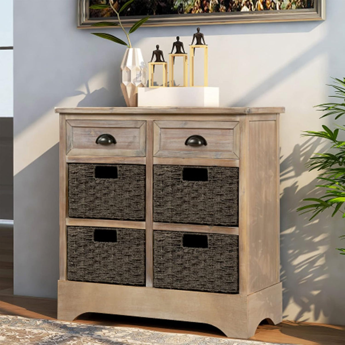 Antique Navy Wood Storage Chest with 2 Drawers and 4 Baskets D371072