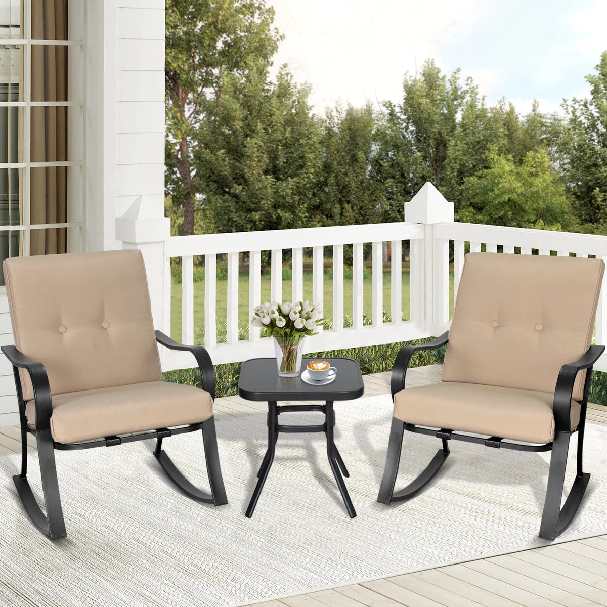 3-Piece Black Metal Rocking Chairs and Table with Brown Cushions U350