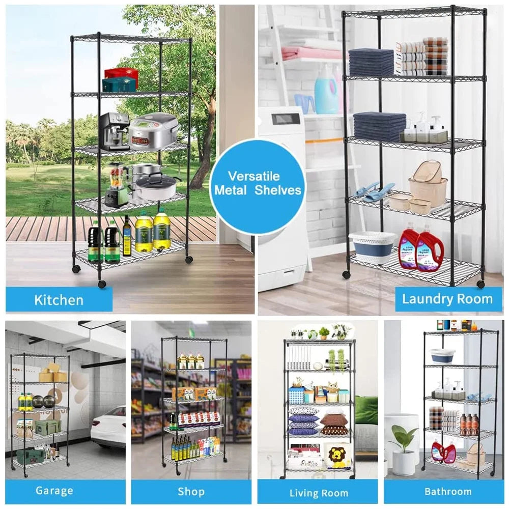 5-Tier Rolling Wire Shelving with Wheels, Black Y204
