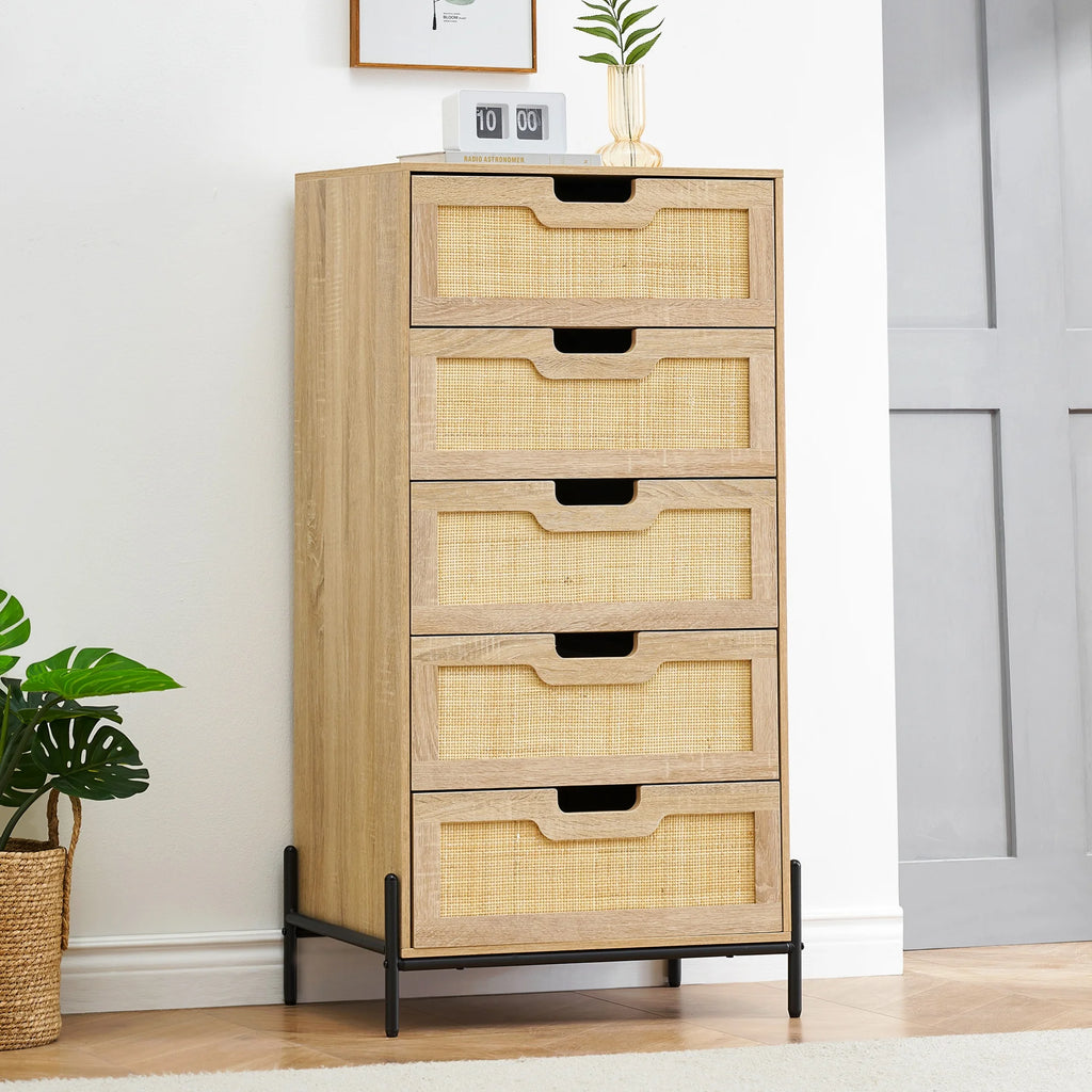 5 Drawer Natural Rattan Wood Dresser with Metal Legs U18760