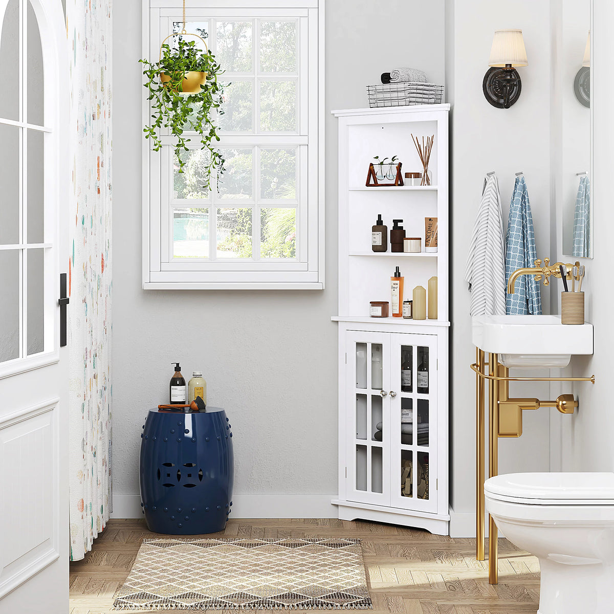 White Tall Corner Storage Cabinet with Glass Doors and Adjustable Shelves X470