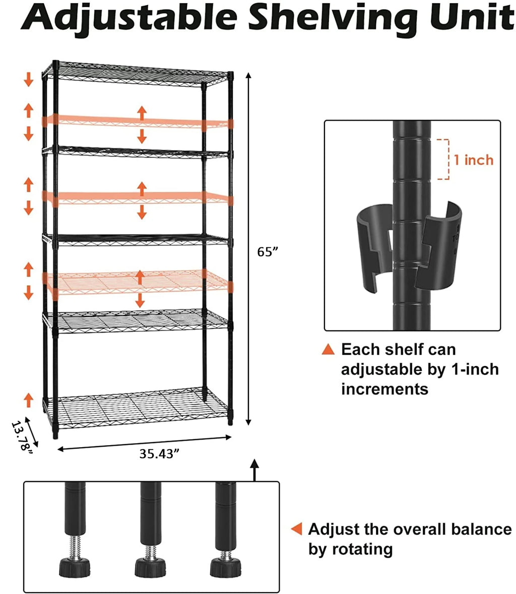 5-Tier Rolling Wire Shelving with Wheels, Black Y204