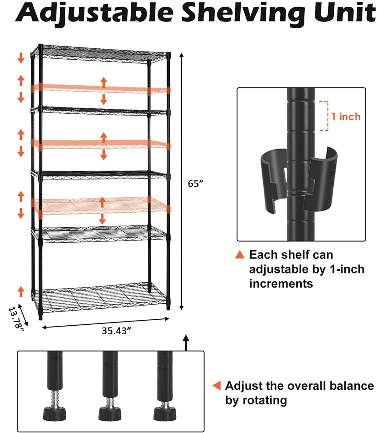 5-Tier Rolling Wire Shelving with Wheels, Black Y204
