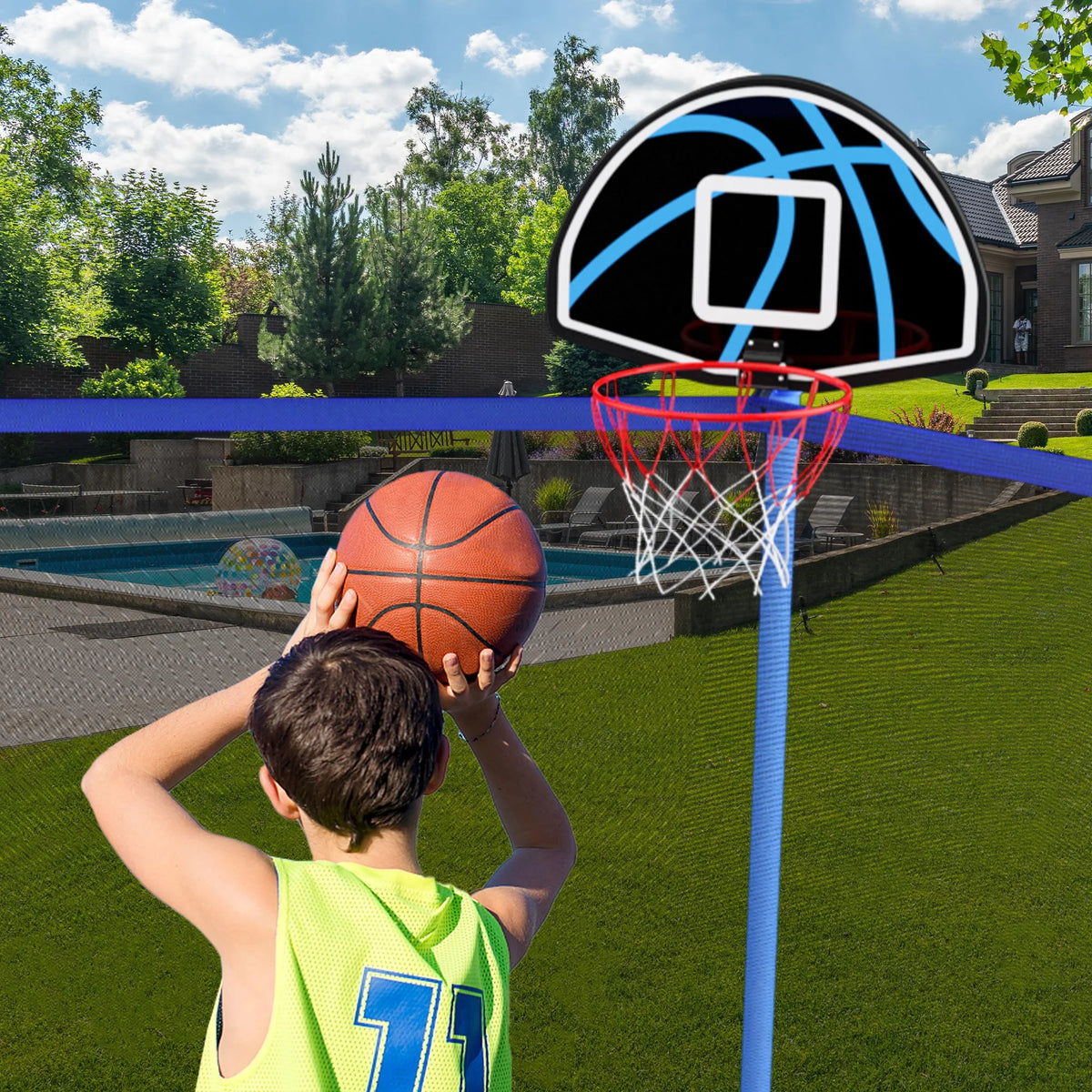 Blue 12FT Outdoor Trampoline with Safety Enclosure and Basketball Hoop W541