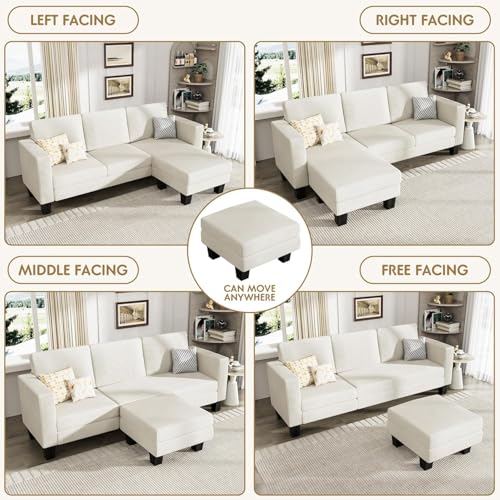 Cream Corduroy L-Shaped Convertible Sectional Sofa 3 Seater E77108