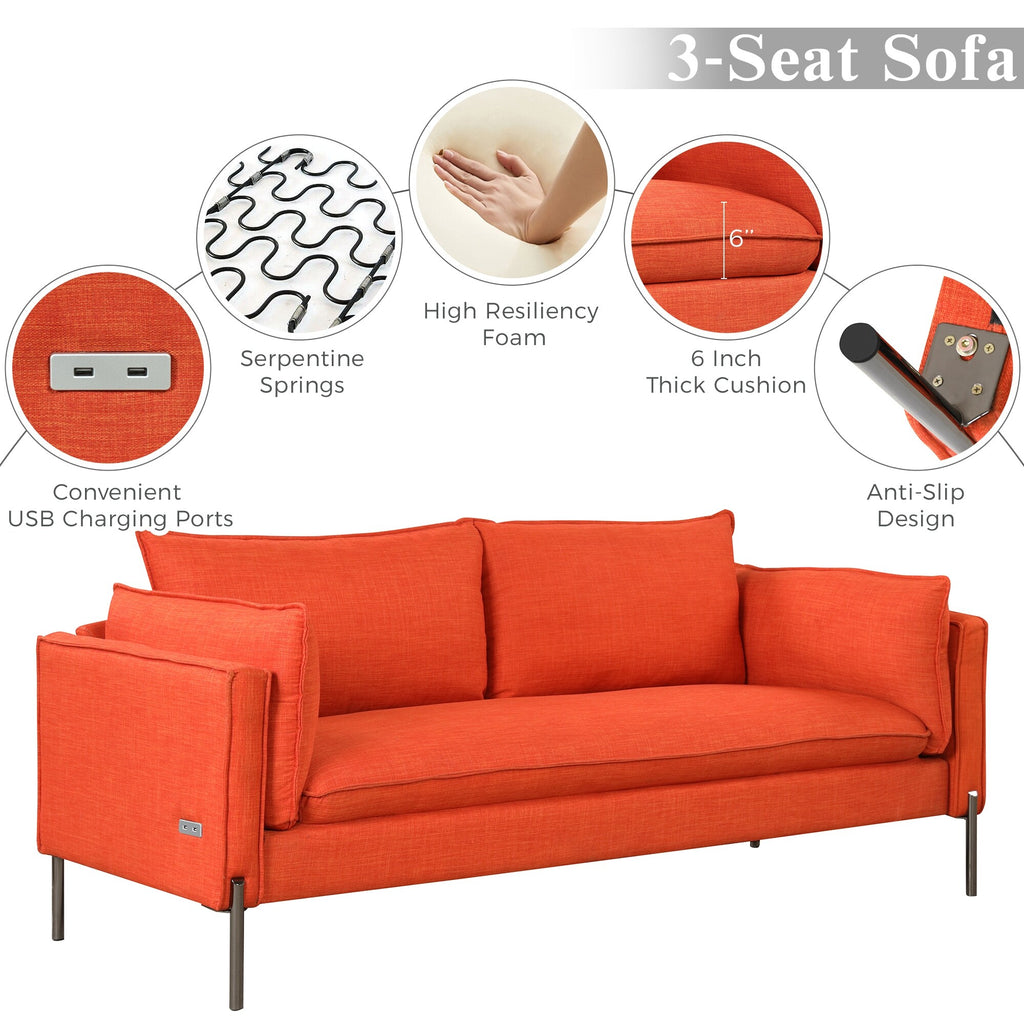 3 Seat Linen Fabric Upholstered Sofa with 2 USB Ports Gray C33351