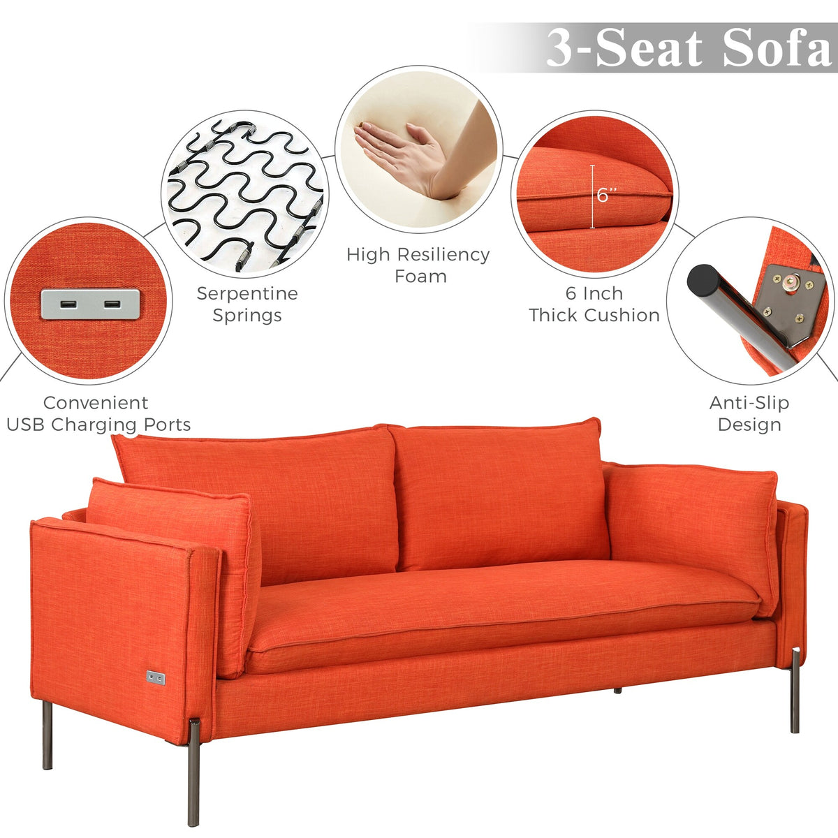 3 Seat Linen Fabric Upholstered Sofa with 2 USB Ports Gray C33351