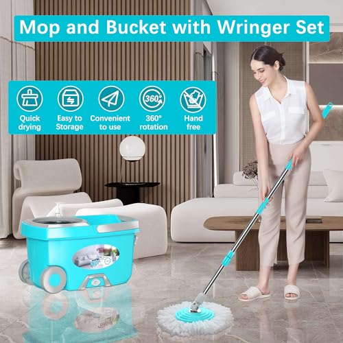 Spin Mop and Bucket with Wringer Set, 4 Microfiber Replacement Head Refills, 61" Extended Handle, Blue C1839