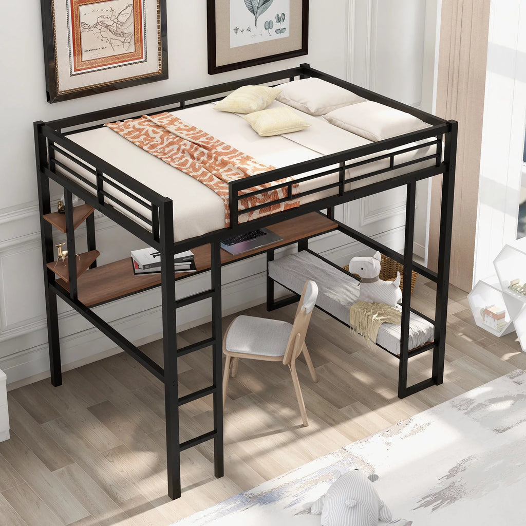 Black Loft Bed with Desk and Shelves P72297