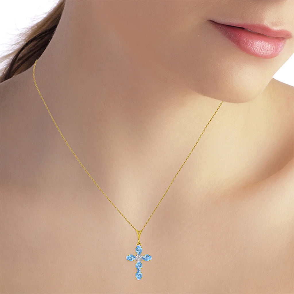 14k Solid Gold Necklace with Natural Blue Topaz Cross Pendant R480720
