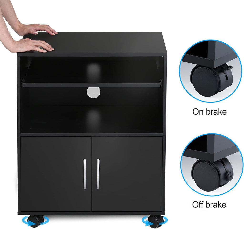 Black Mobile File Cabinet with Keyboard Tray and Doors on Wheels J686