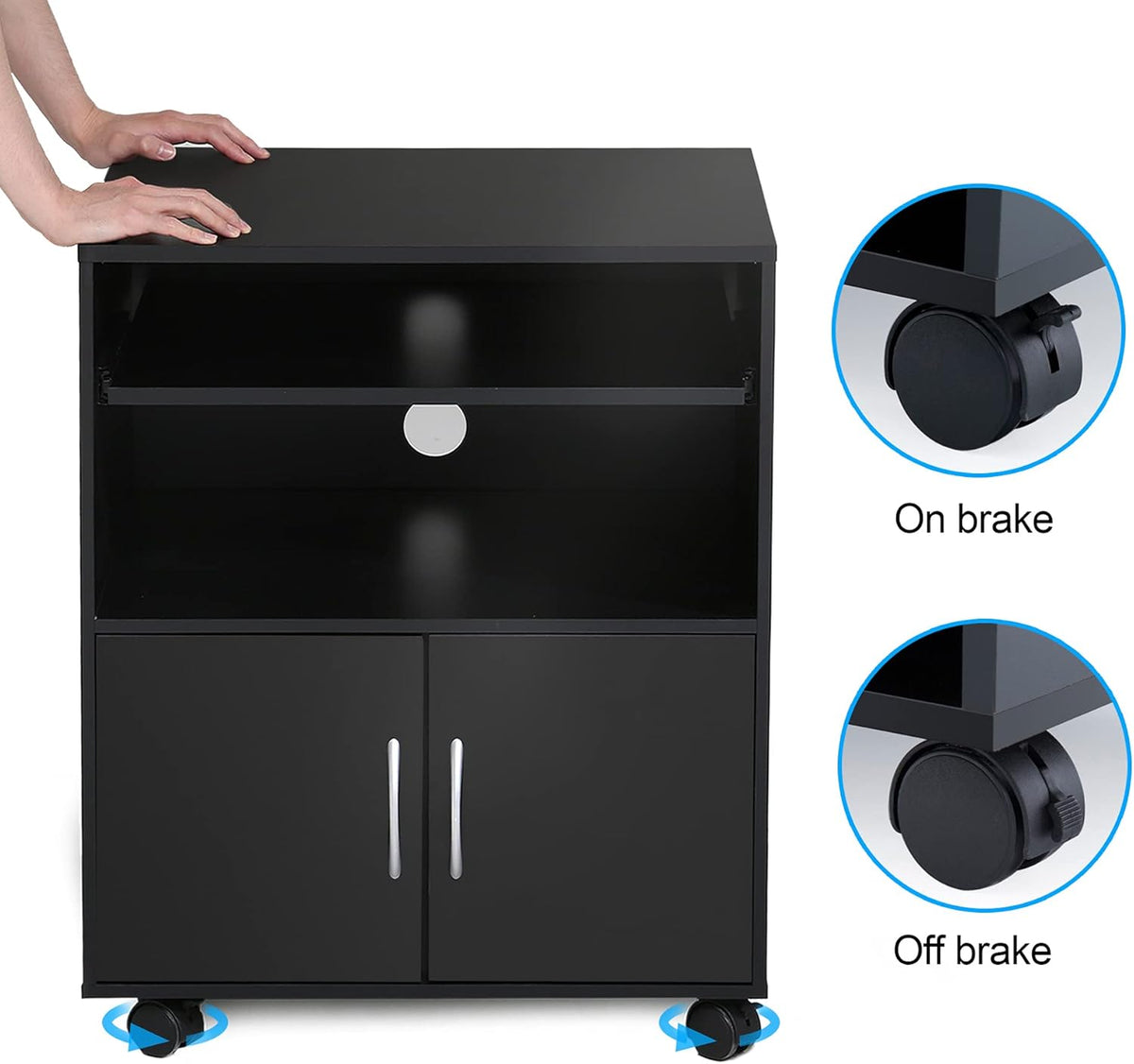 Black Mobile File Cabinet with Keyboard Tray and Doors on Wheels J686