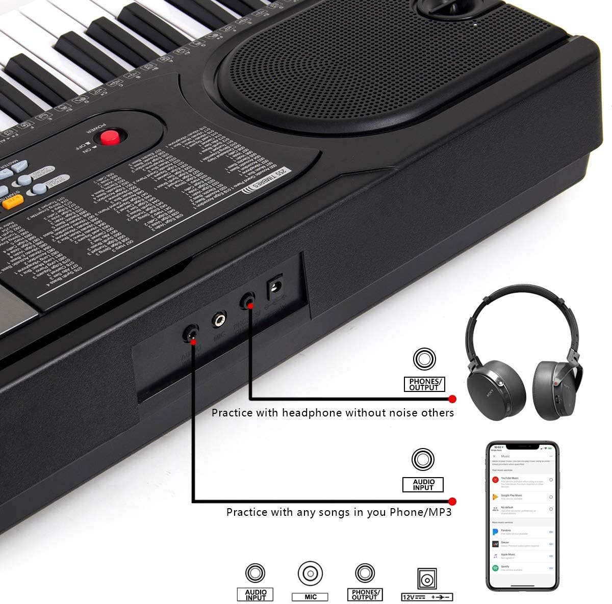61 Key Digital Piano Portable Electronic Keyboard with Built-In Speaker, Microphone, Music Stand K374490