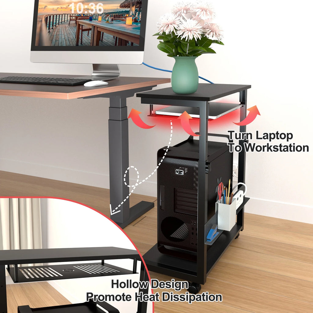 3 Tier Wooden Computer Tower Stand with Rolling Casters A278800
