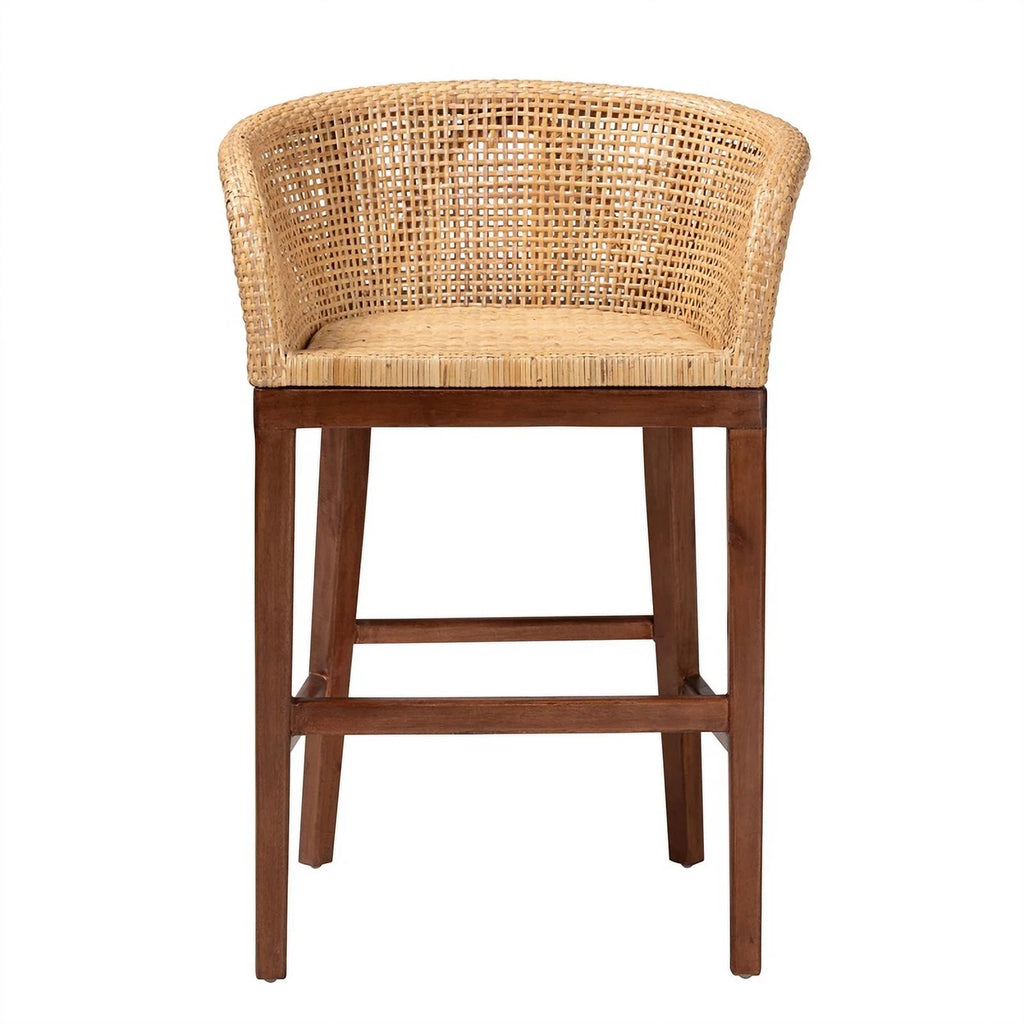 Natural Rattan and Walnut Brown Acacia Wood Counter Stool J40121