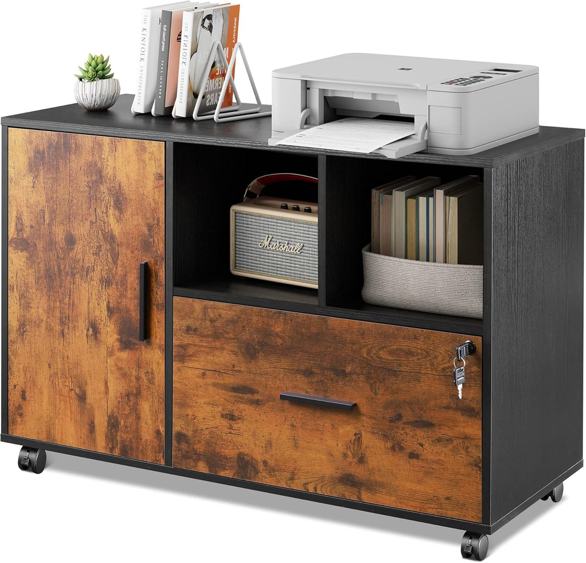 Rustic Brown Wood Lateral File Cabinet with Lock P13051