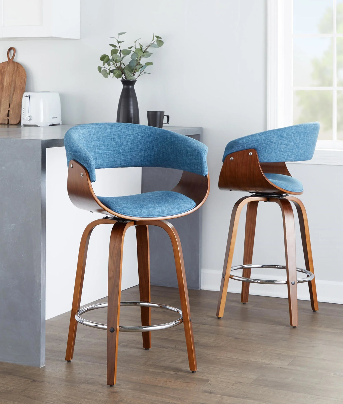 26" Mid-Century Modern Counter Stool with Swivel in Walnut Wood and Blue Fabric with Round Chrome Metal Footrest - Set of 2 Z692