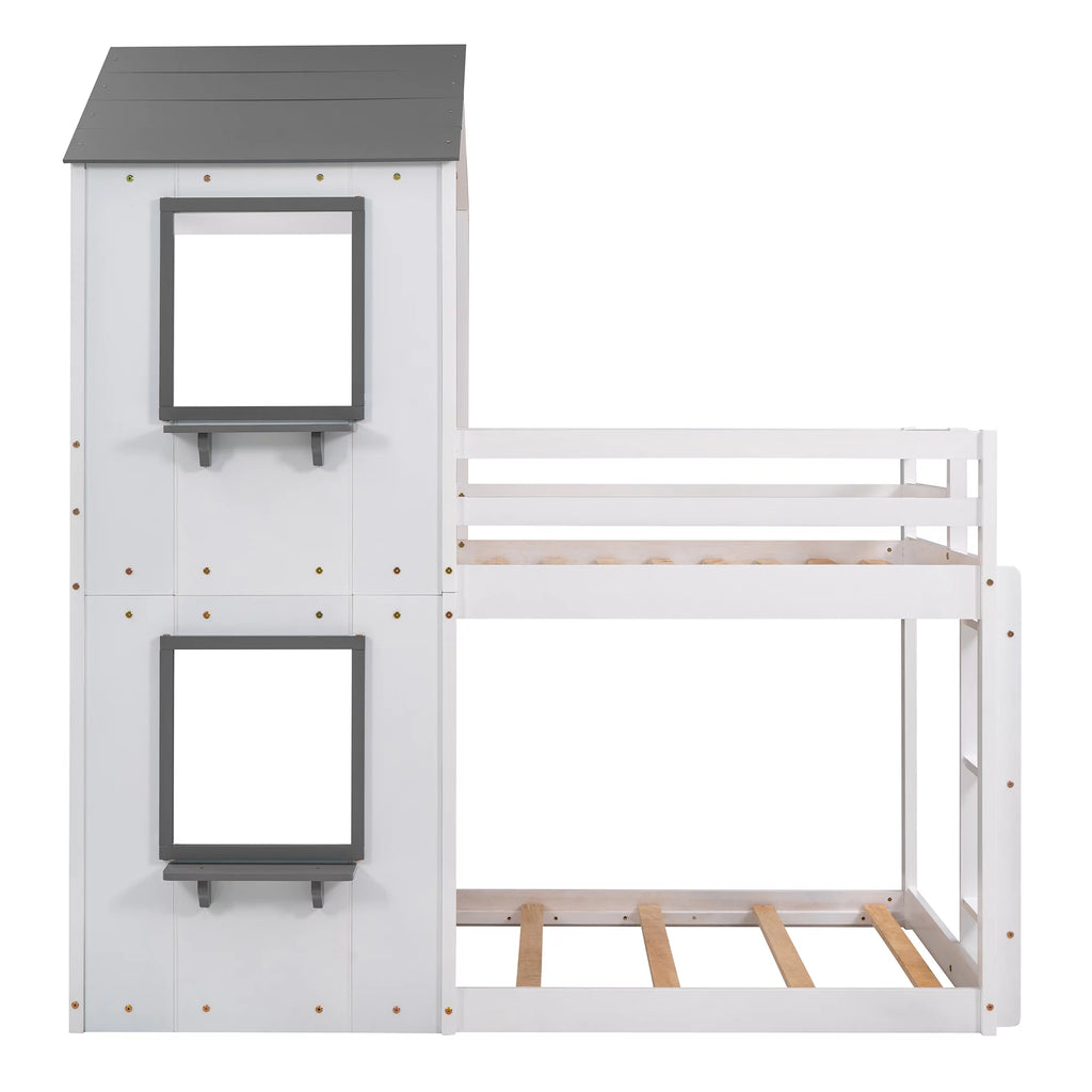 Wood Twin Over Twin Bunk Bed with Roof and Ladder T380311