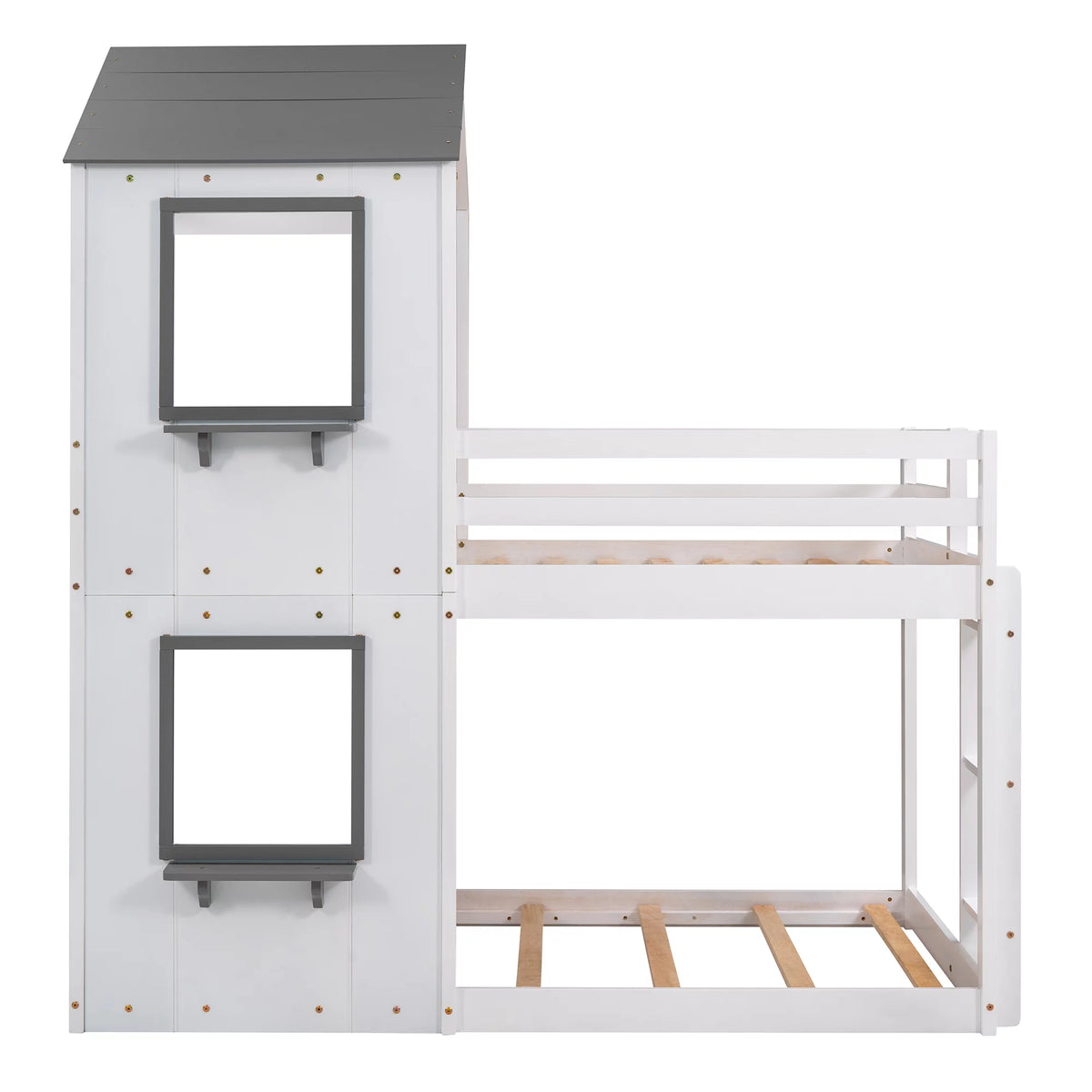 Wood Twin Over Twin Bunk Bed with Roof and Ladder T380311