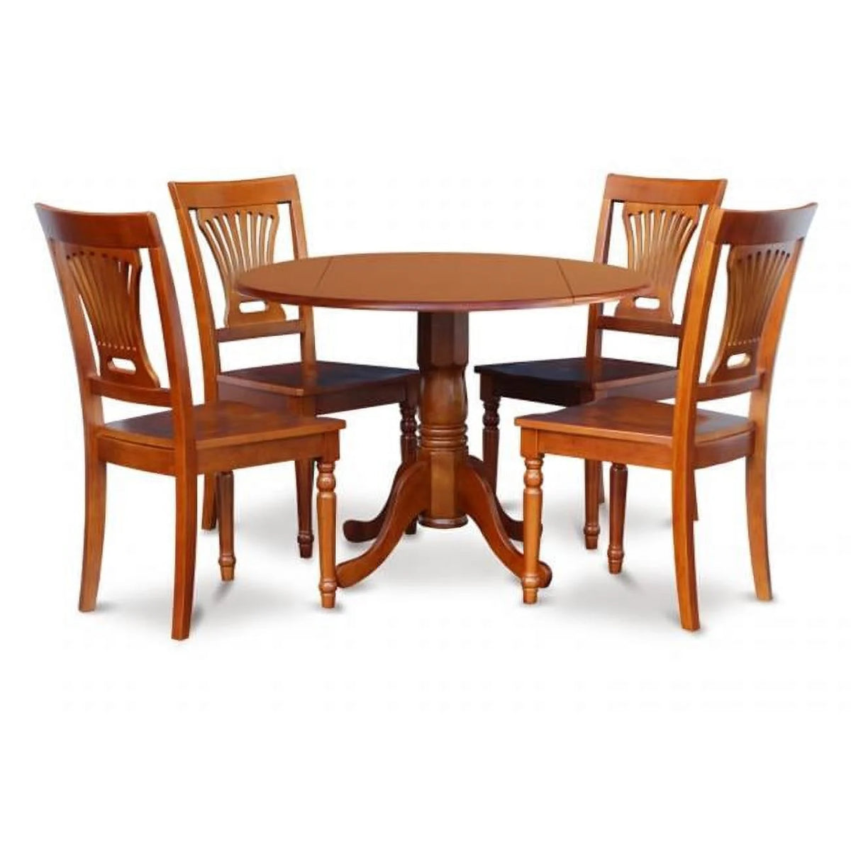 5 Pc Round Kitchen Table with 2 Drop Leaves and 4 Wood Seat Chairs G843