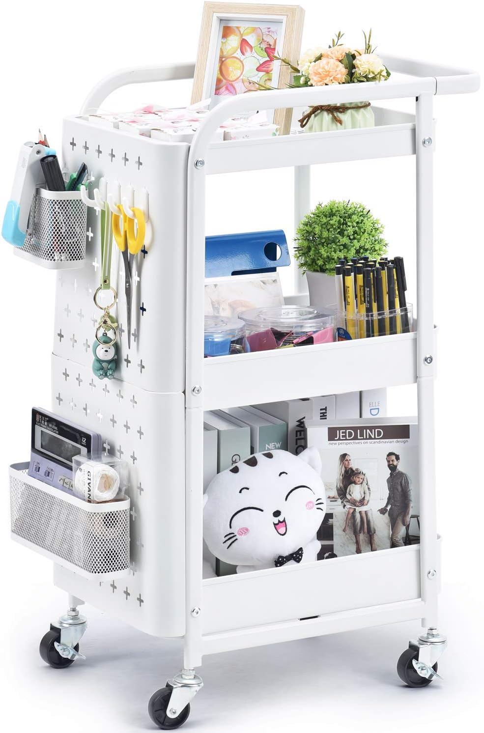 3-Tier Metal Rolling Storage Cart with Pegboard H93640