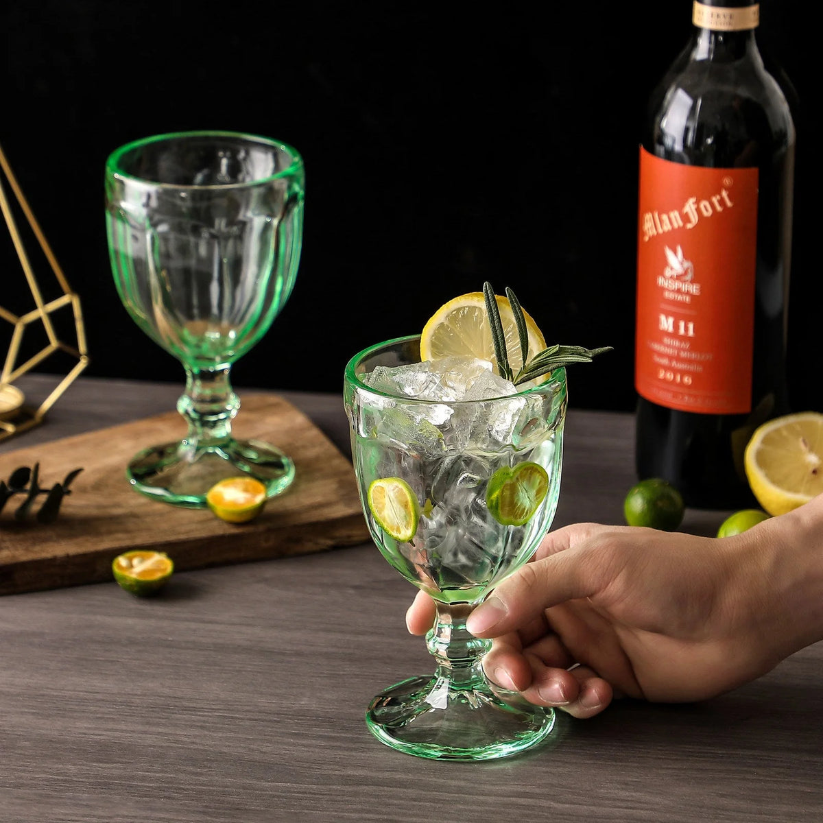 Apple-Green Goblet Wine Glasses 10.2 oz Set of 6 Vintage Octagon Glassware U652629