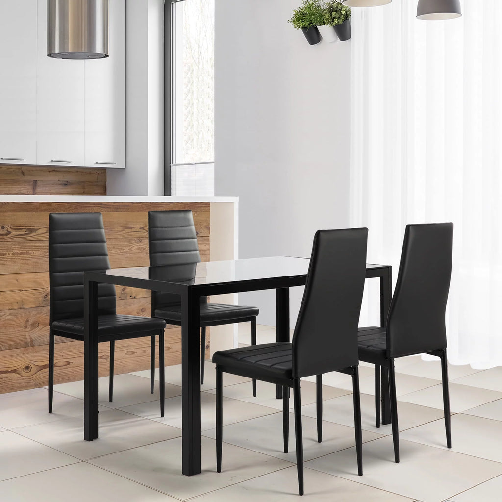 5 Pieces Tempered Glass Dining Table Set with 4 Faux Leather Chairs Black Y641534
